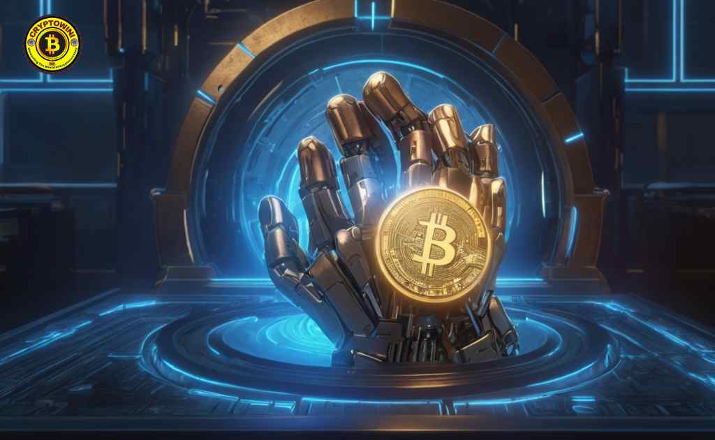 A robot hand placing crypto tokens into a glowing DAO vault.